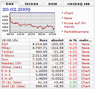 Börsenkurse am 20.02.2009